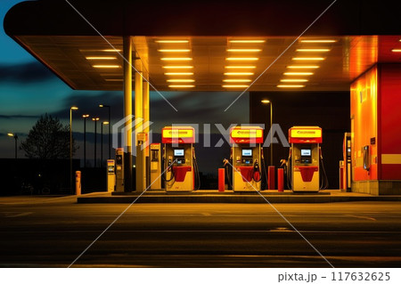 A gas station with three pumps with neon light, vintage style 117632625