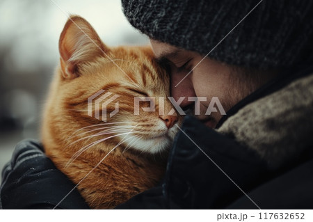 A man is hugging an orange cat, Love motion with pet, Lovely with pet 117632652