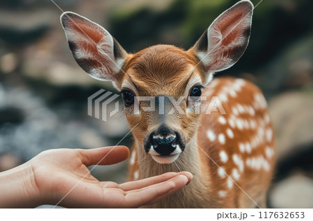 A hand is holding a baby deer with white spots, Concept of innocence and tenderness 117632653