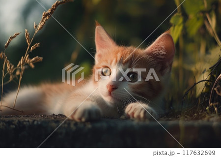 A cat is laying on a stone ledge in the sun 117632699