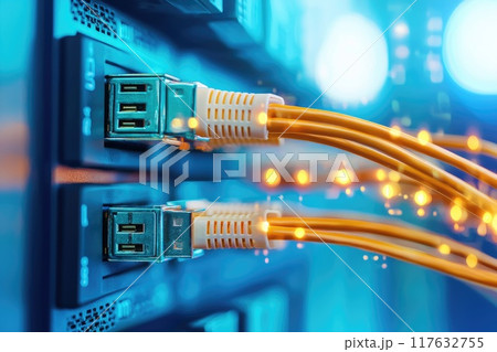 A cable is connected to a computer and a monitor, global networking 117632755