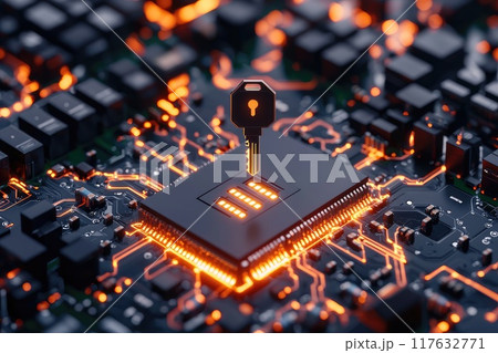 A 3D render of a digital key with holographic locks and encrypted pathways in the background, Access control and information security A 3D render of a digital key with holographic locks and encrypted pathways in the background, Access control and information security 117632771