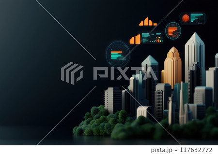 A 3D render featuring a modern urban landscape, with holographic graphs and augmented reality interfaces hovering above the city 117632772