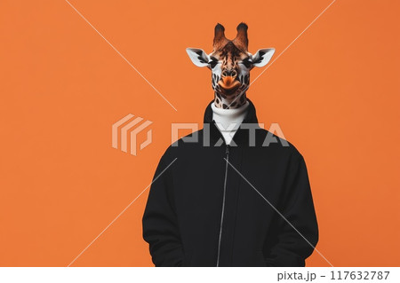 A giraffe is wearing a black jacket, playful and humorous mood, animal funny pop art A giraffe is wearing a black jacket, playful and humorous mood, animal funny pop art 117632787