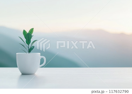 A small plant is in a white cup on a table, Concept of tranquility and calmness A small plant is in a white cup on a table, Concept of tranquility and calmness 117632790