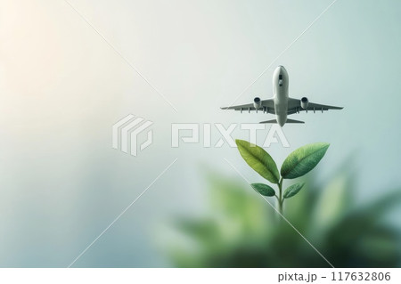 A white airplane is flying over a green plant, Concept of a sustainable future with green energy 117632806