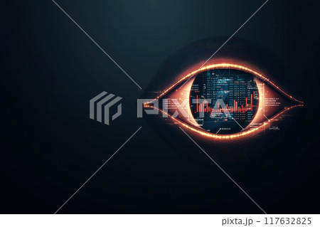 A holographic eye icon, filled with dynamic data streams and key e-commerce metrics A holographic eye icon, filled with dynamic data streams and key e-commerce metrics 117632825