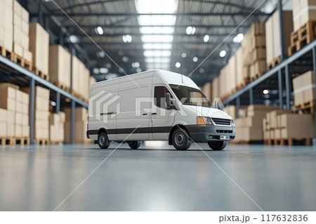 A white van is parked in a warehouse, logistics progress and delivery. Concept of industry and transportation 117632836