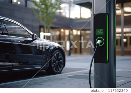 A black car is parked next to a charging station A black car is parked next to a charging station 117632840