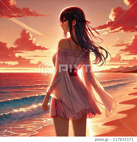 沈む夕陽を見つめる少女 沈む夕陽を見つめる少女 117633171
