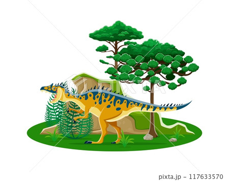 Neovenator Prehistoric dinosaur character in a lush prehistoric forest natural habitat with trees, rocks and ferns. Isolated cartoon vector ancient carnivore reptile animal of Early cretaceous era Neovenator Prehistoric dinosaur character in a lush prehistoric forest natural habitat with trees, rocks and ferns. Isolated cartoon vector ancient carnivore reptile animal of Early cretaceous era 117633570