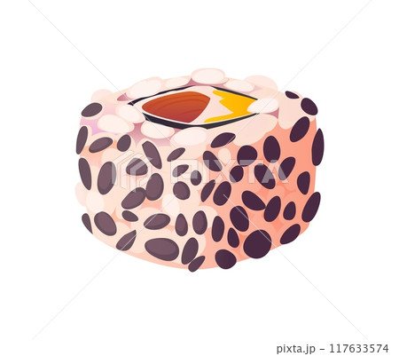 Cartoon uramaki Japanese sushi roll features a generous filling of tuna or salmon, enveloped in rice and liberally sprinkled with black sesame seeds. Isolated vector traditional Asian seafood meal 117633574