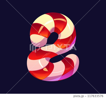 Cartoon number two made of red and white candy cane, confectionery alphabet, sweets typeface, lollypop font, type. Isolated vector numeral typography symbol 2 as striped Christmas candy festive treat Cartoon number two made of red and white candy cane, confectionery alphabet, sweets typeface, lollypop font, type. Isolated vector numeral typography symbol 2 as striped Christmas candy festive treat 117633576