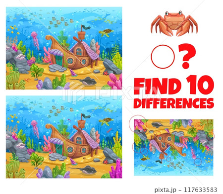 Find ten differences on ocean underwater landscape with sunken boat house. Vector kids board game worksheet with cartoon mermaid home on sea bottom. Educational children riddle, fun leisure activity Find ten differences on ocean underwater landscape with sunken boat house. Vector kids board game worksheet with cartoon mermaid home on sea bottom. Educational children riddle, fun leisure activity 117633583