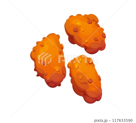 Cartoon chicken nuggets fast food snack with crispy golden-brown coating. Isolated vector perfectly fried poultry pieces, crunchy on the outside and tender inside. Street restaurant snacking or meal 117633590