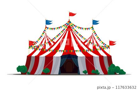 Circus tent, vintage funfair carnival marquee for amusement park show, cartoon vector. Circus top tent marquee with entrance and flags for magic fair or funfair carnival show with red and white stipes Circus tent, vintage funfair carnival marquee for amusement park show, cartoon vector. Circus top tent marquee with entrance and flags for magic fair or funfair carnival show with red and white stipes 117633632