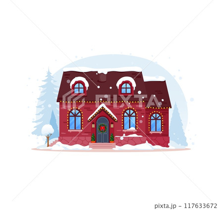 Christmas winter house exterior, home with snow on roof and holiday decorations on door, isolated vector. Cartoon house building facade with Christmas trees, ribbon wreath on door and garland lights Christmas winter house exterior, home with snow on roof and holiday decorations on door, isolated vector. Cartoon house building facade with Christmas trees, ribbon wreath on door and garland lights 117633672