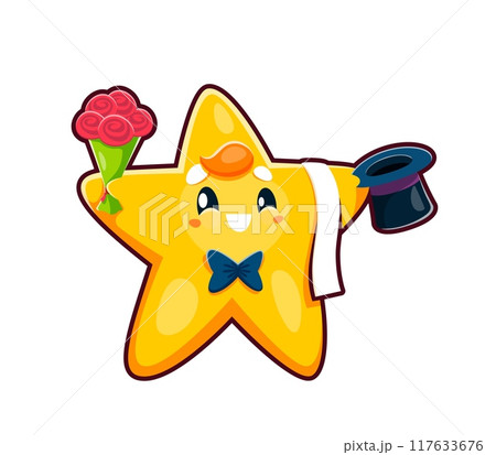 Cute kawaii gentleman star character with flowers, vector cartoon emoji emoticon. Funny gentleman kawaii star with happy smile on face and cylinder hat, tuxedo bowtie and flowers for love and wedding Cute kawaii gentleman star character with flowers, vector cartoon emoji emoticon. Funny gentleman kawaii star with happy smile on face and cylinder hat, tuxedo bowtie and flowers for love and wedding 117633676