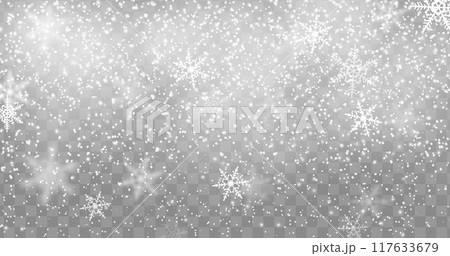 Christmas snowfall effect. Realistic winter snowflakes overlay background. Isolated vector falling ice crystals descending from the sky, forming unique patterns. Tranquil wintertime enchanting layout 117633679