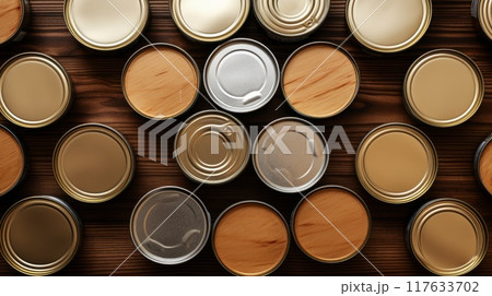 Many closed tin cans on brown table, flat lay. Neural network ai generated art 117633702