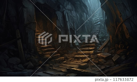 Mysterious dungeon tunnel with walls made of stone. Neural network ai generated art 117633872