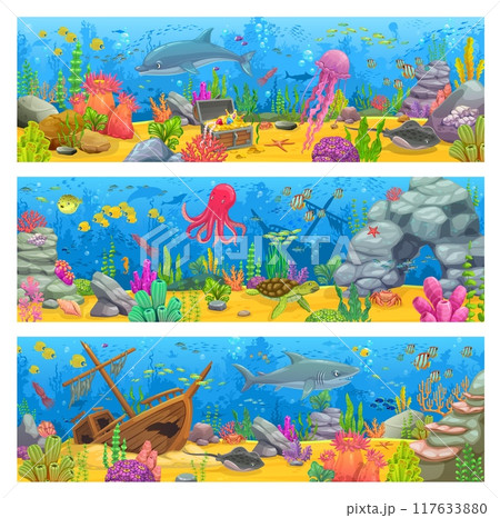 Cartoon underwater landscape banners, sea game level backgrounds with sunken ship, animals and seaweeds. Vector ocean bottom landscape with bright undersea biodiversity, treasure and shipwreck boat 117633880