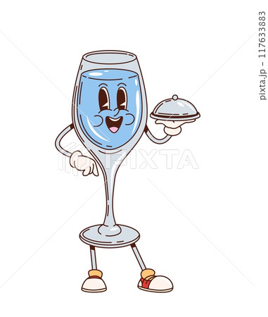 Groovy retro wine glass, cartoon kitchenware or kitchen glassware, vector character. Groovy funky wineglass as waiter with dish tray and funny face for kitchenware crockery funny emoji character 117633883