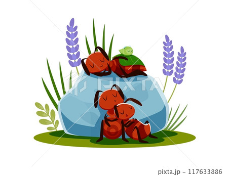 Ants family characters sleeping on meadow, funny termite insects in relax, cartoon vector. Tired ants family with baby and little caterpillar sleeping on stone with leaf cover for kids illustration Ants family characters sleeping on meadow, funny termite insects in relax, cartoon vector. Tired ants family with baby and little caterpillar sleeping on stone with leaf cover for kids illustration 117633886