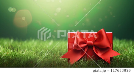 Gift box with red ribbon in the grass. Generative Ai 117633959