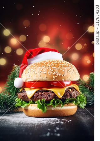 Burger with Santa Claus hat. Christmas food concept. Generative Ai 117634203