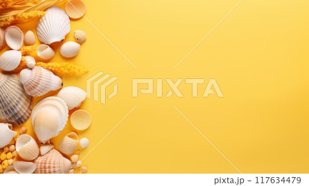 Many different seashells on bright yellow background. Neural network ai generated art Many different seashells on bright yellow background. Neural network ai generated art 117634479
