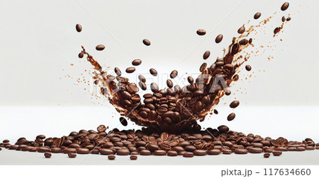 Panoramic border of coffee beans isolated on white background with copy space - AI generated image 117634660