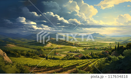 Langhe vineyards sunset panorama at daytime with cloudy sky. Neural network ai generated art 117634818