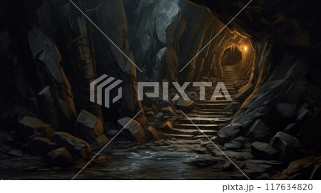 Mysterious dungeon tunnel with walls made of stone. Neural network ai generated art 117634820