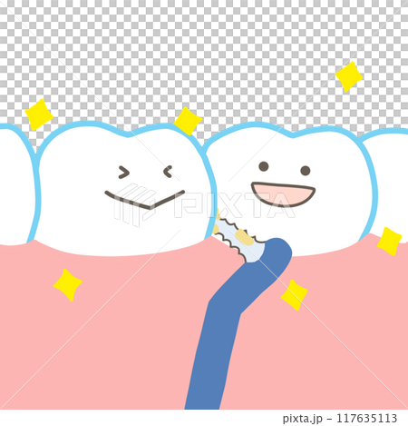 A tooth character who is happy to clean with an interdental brush A tooth character who is happy to clean with an interdental brush 117635113