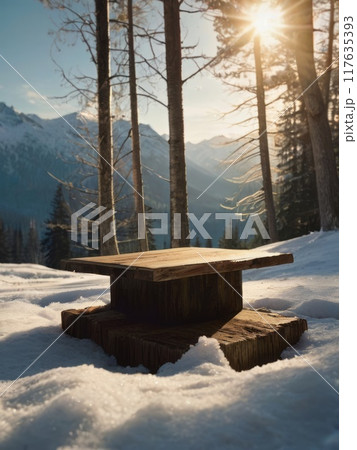 Minimalist empty product podium in serene snowy forest and mountain setting ai Minimalist empty product podium in serene snowy forest and mountain setting ai 117635393