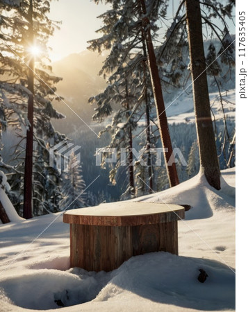 Minimalist empty product podium in serene snowy forest and mountain setting ai Minimalist empty product podium in serene snowy forest and mountain setting ai 117635405