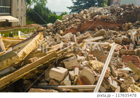 house destroyed bricks, sticks trees, debris beam natural disaster. High quality photo house destroyed bricks, sticks trees, debris beam natural disaster. High quality photo 117635478