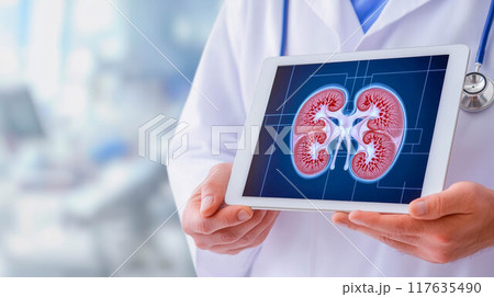 Kidney disease, Chronic kidney disease ckd, Doctor with human model to treat and study in hospital. 117635490