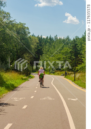Woman riding a bike on country road in sunny summer day. High quality photo 117635578