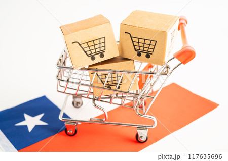 Chile flag with box shopping online cart logo. Import export shopping online. 117635696
