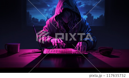 Hidden hacker in sweatshirt and hoodie hacking security systems. Neural network ai generated art 117635732