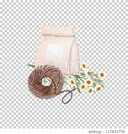 Homemade tea bags with chamomile and jute rope watercolor composition isolated on white. High quality hand drawn art great for stickers, tape, crafts and hobby, cards, tea, herbal medicine recipes 117635756