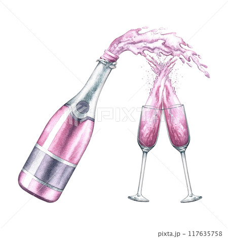 Pink champagne. A bottle and two glasses with a splash of champagne. A hand-drawn watercolor illustration. Highlight it. A postcard design element. For banner, poster. For the restaurant and its menu. 117635758