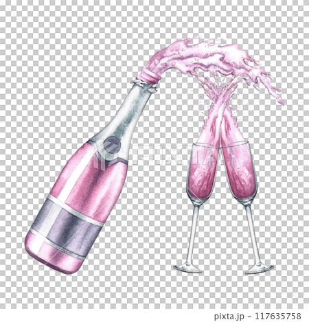 Pink champagne. A bottle and two glasses with a splash of champagne. A hand-drawn watercolor illustration. Highlight it. A postcard design element. For banner, poster. For the restaurant and its menu. 117635758