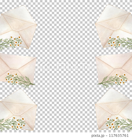 Envelope and chamomile, watercolor vertical frame isolated on white. Hand drawn high quality art. Simple flat style illustration for stationary designs, cards, notebooks, textile, packages design 117635761