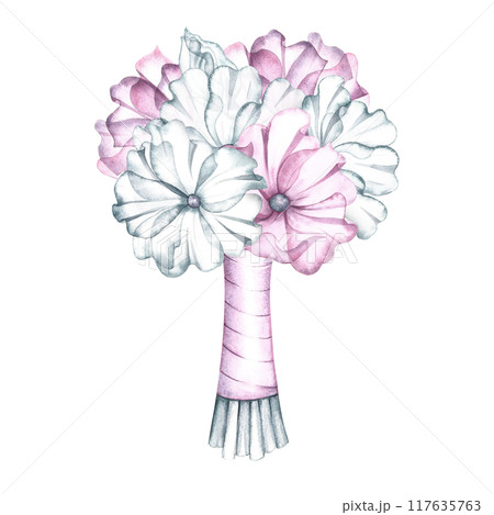 An elegant bouquet of pink and white flowers,the bride's wedding bouquet. Handmade watercolor illustration. For greeting and invitation cards, banners, flyers and posters, packaging. An elegant bouquet of pink and white flowers,the bride's wedding bouquet. Handmade watercolor illustration. For greeting and invitation cards, banners, flyers and posters, packaging. 117635763