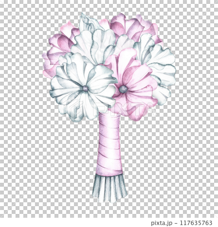 An elegant bouquet of pink and white flowers,the bride's wedding bouquet. Handmade watercolor illustration. For greeting and invitation cards, banners, flyers and posters, packaging. An elegant bouquet of pink and white flowers,the bride's wedding bouquet. Handmade watercolor illustration. For greeting and invitation cards, banners, flyers and posters, packaging. 117635763