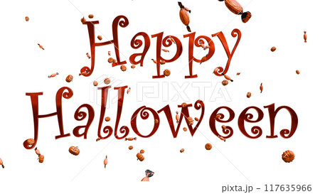 Text Happy Halloween among pumpkins and candies. Transparent Background. Text Happy Halloween among pumpkins and candies. Transparent Background. 117635966