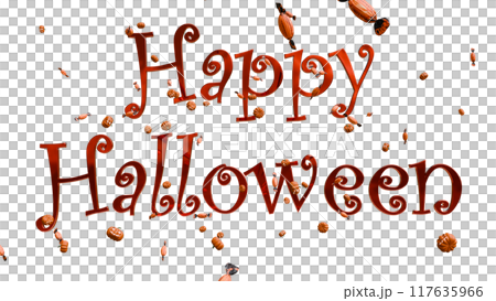 Text Happy Halloween among pumpkins and candies. Transparent Background. Text Happy Halloween among pumpkins and candies. Transparent Background. 117635966